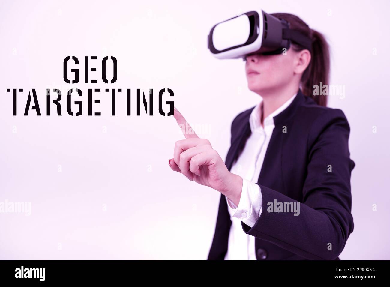 Handwriting text Geo Targeting. Internet Concept Digital Ads Views IP Address Adwords Campaigns Location Woman Wearing Vr Glasses And Pointing On Important Message With One Finger. Stock Photo
