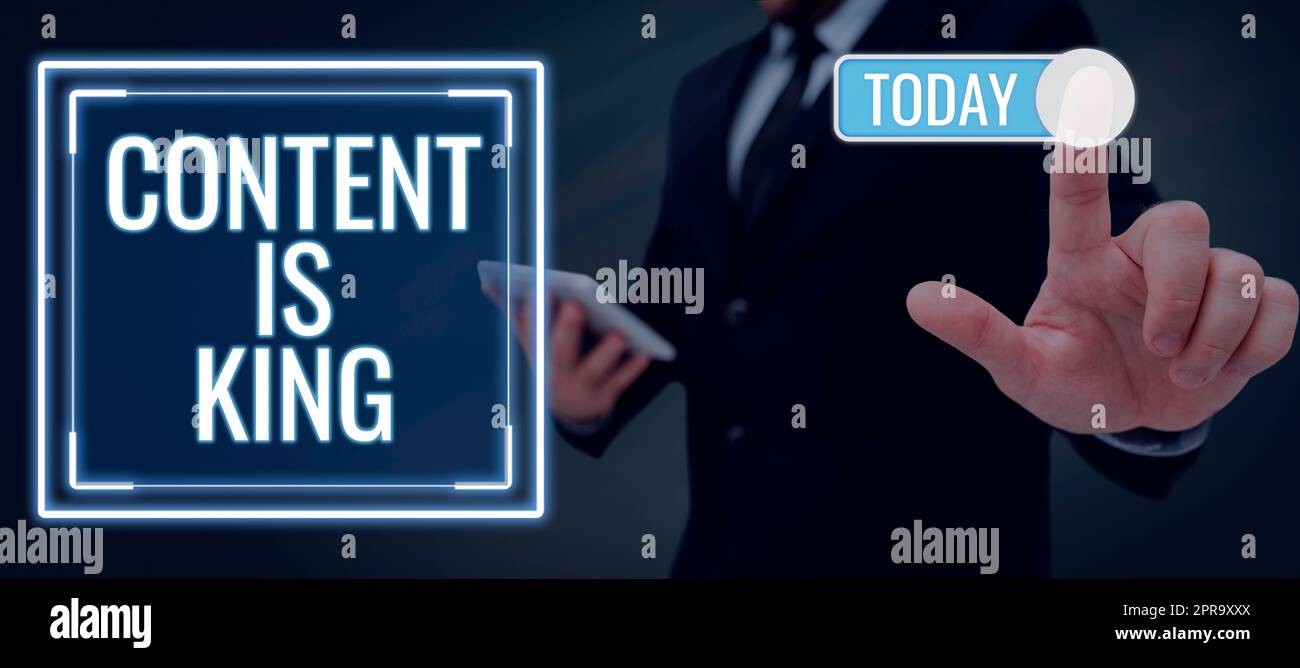 Writing displaying text Content Is King. Business approach Content is the heart of todays marketing strategies Lady in suit holding pen symbolizing successful teamwork accomplishments. Stock Photo