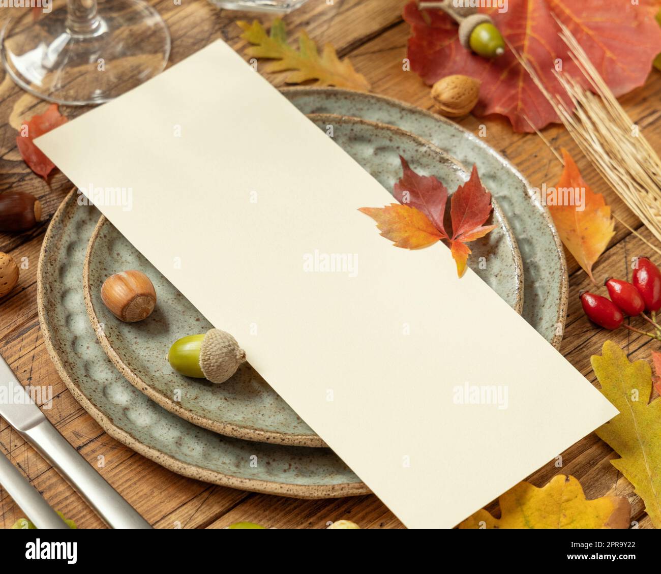 Autumn rustic table setting with red, yellow and orange leaves, berries and blank card close up, mockup Stock Photo