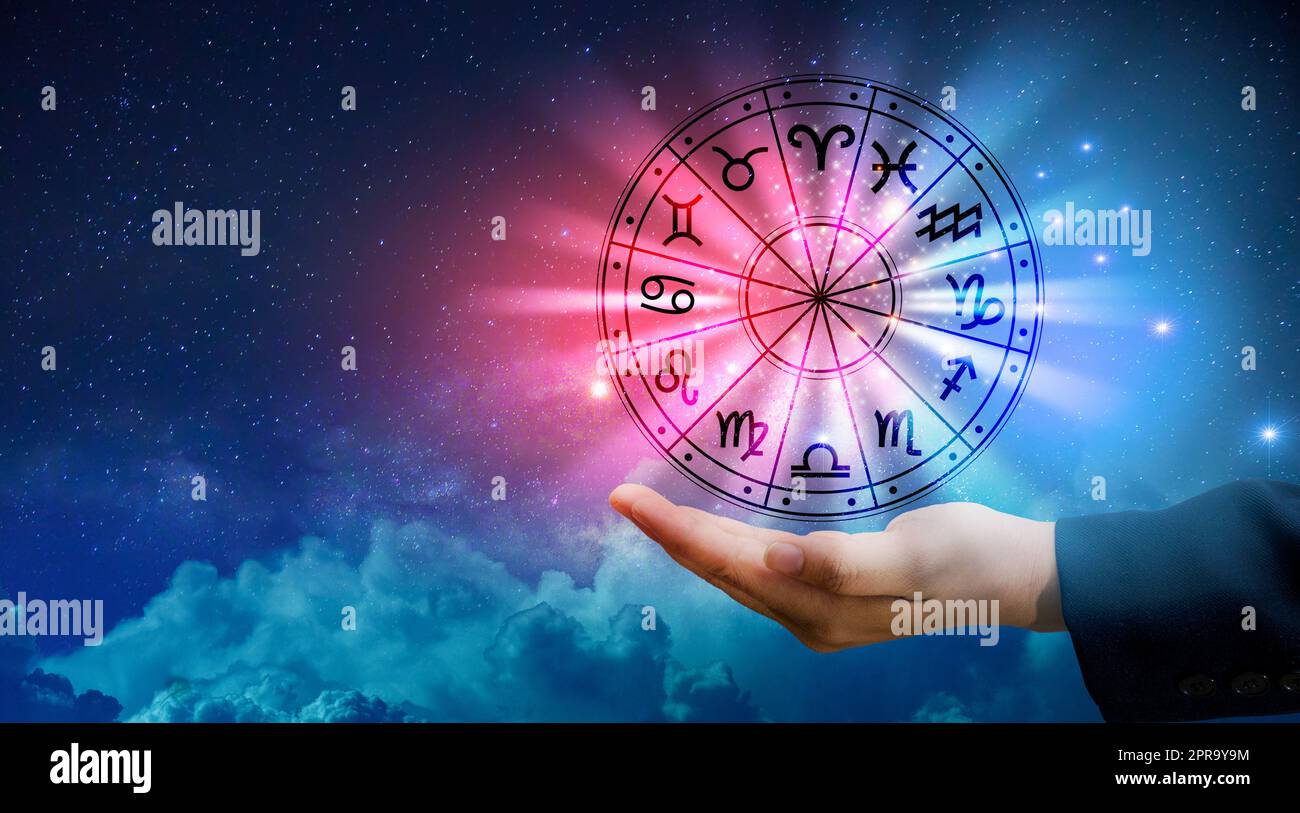 Zodiac signs inside of horoscope circle. Astrology in the sky with many ...