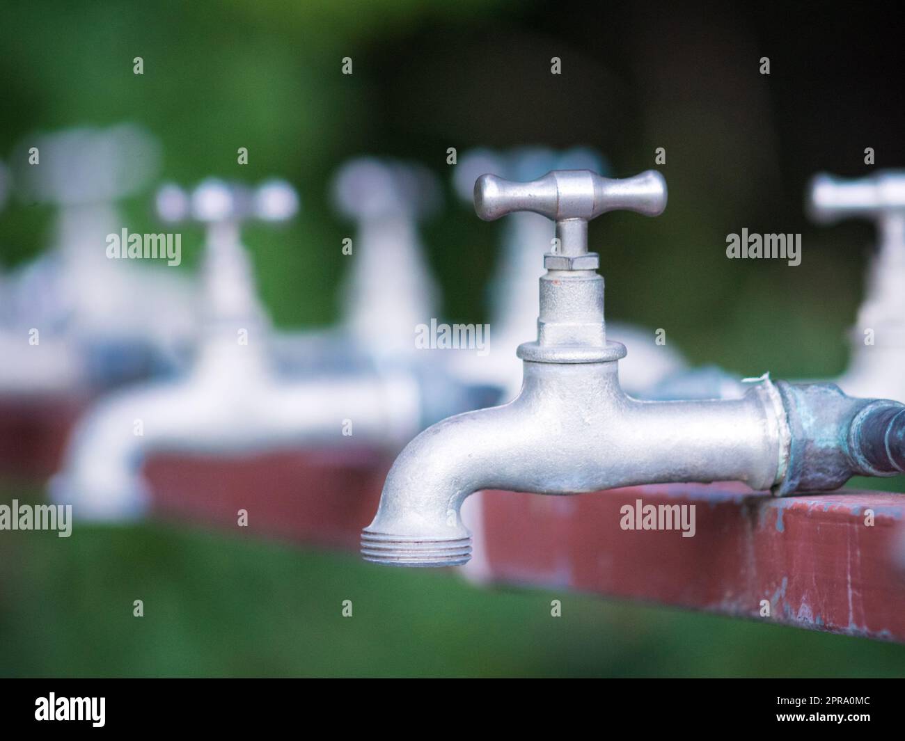 Brass water tap in nature background. Stock Photo