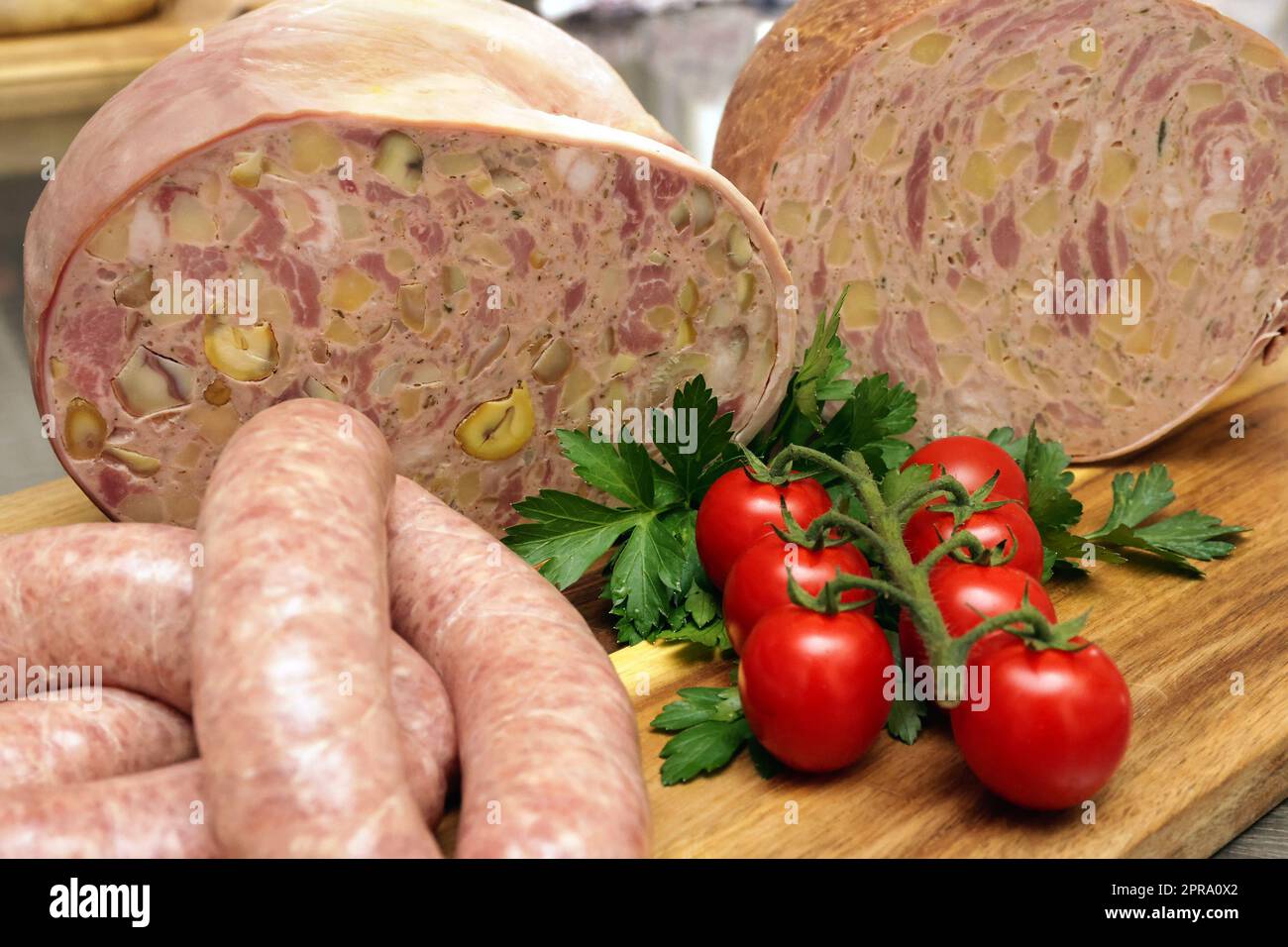 Palatinate specialities, stuffed pig stomach, fried sausages Stock