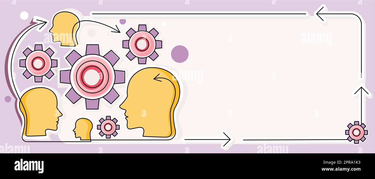 Multiple Heads With Cogs Showing Technology Ideas. Gears In Brain Symbols Design Displaying Mechanical And Technical Idea. Stock Vector