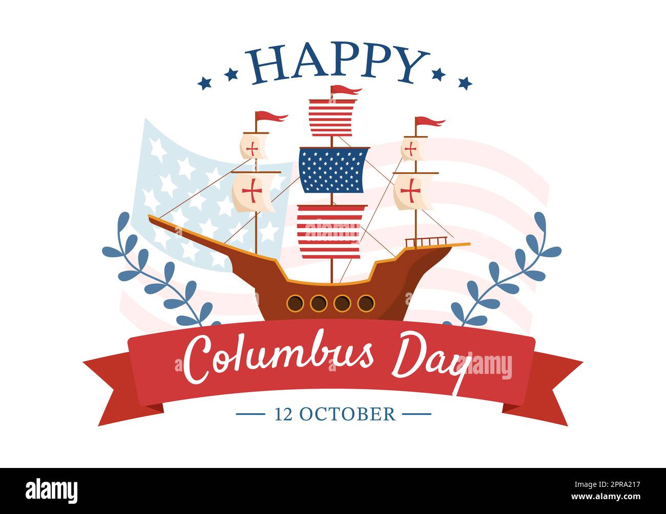 Happy Columbus Day National Holiday Hand Drawn Cartoon Illustration with Blue Waves, Compass