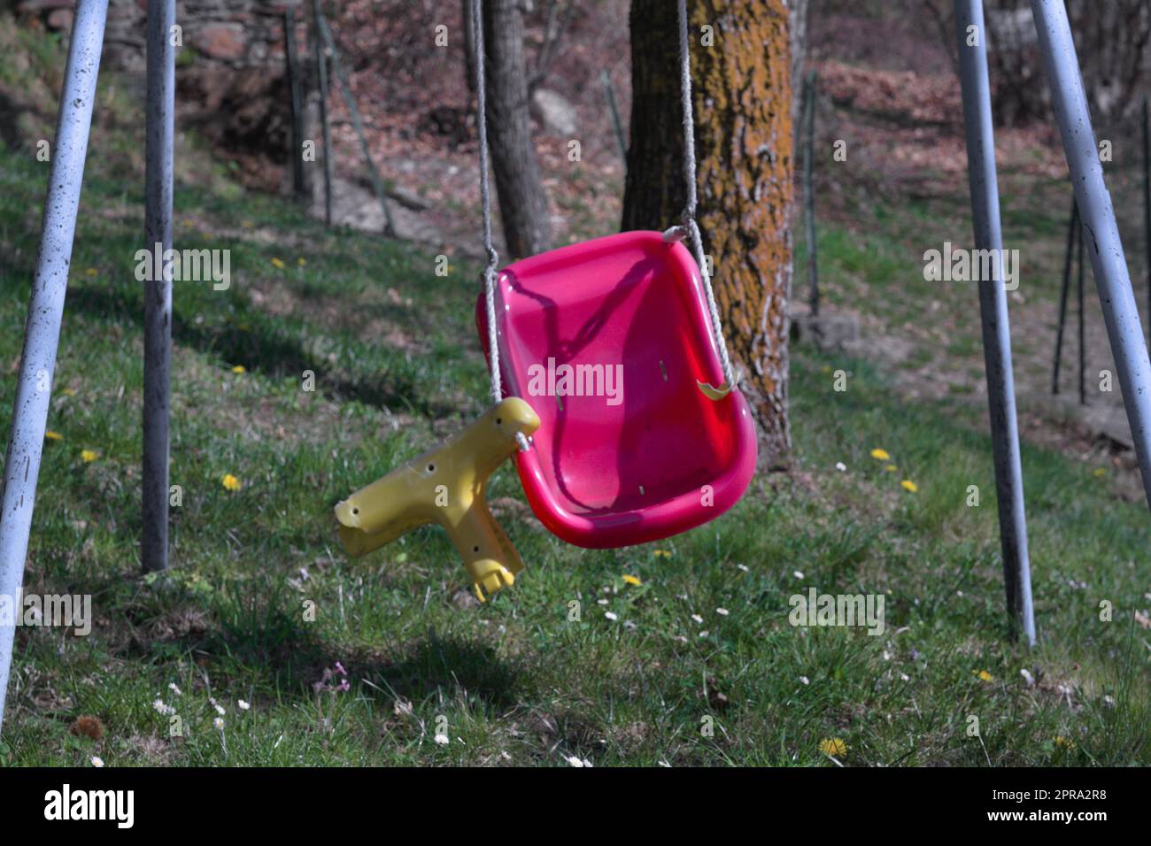Broken swing on an abandoned playground with purple-yellow seat. The seat is broken. Grass and a tree are visible in the background. Stock Photo