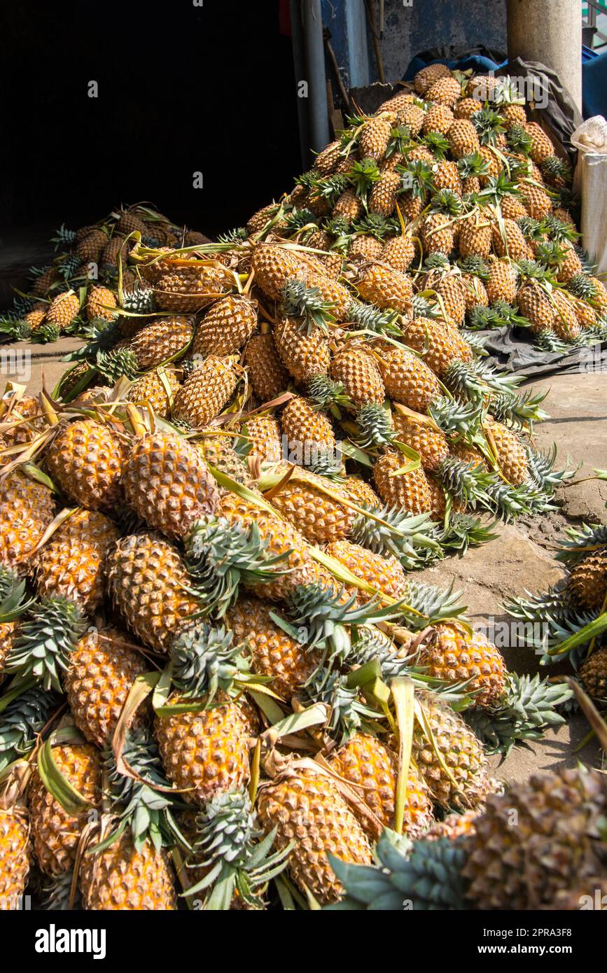 Many pineapples stacked on the street, in the city Galle, Sri Lanka