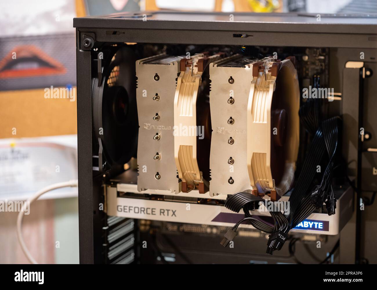 Brand new modern high end desktop PC, open computer case with mounted components, building a PC