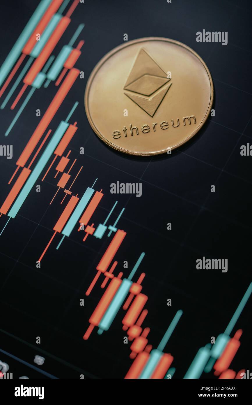 Gold Ethereum with candle stick graph chart and digital background