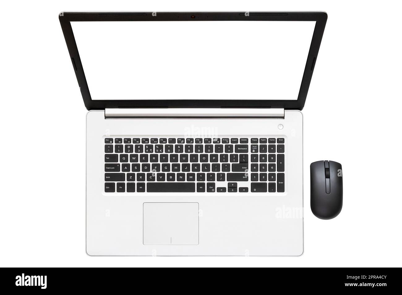 Laptop with blank screen and wireless computer mouse Stock Photo