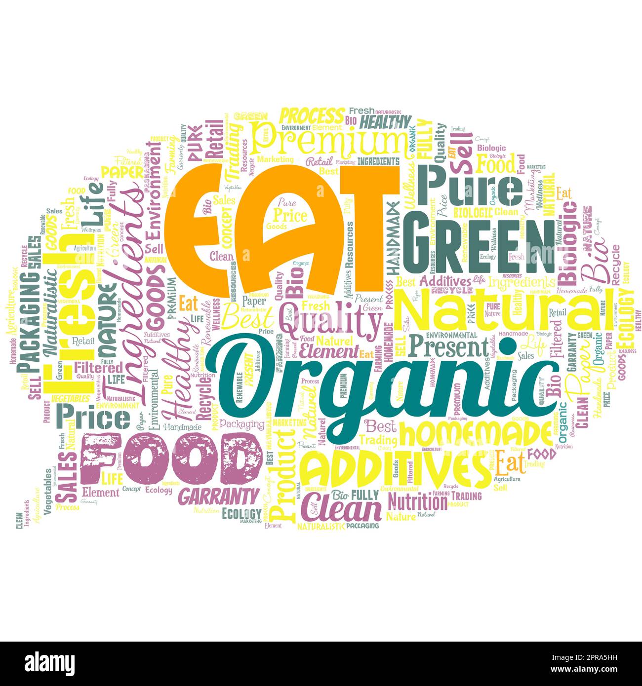 Big word cloud in the shape of speech bubble with words eat organic ...