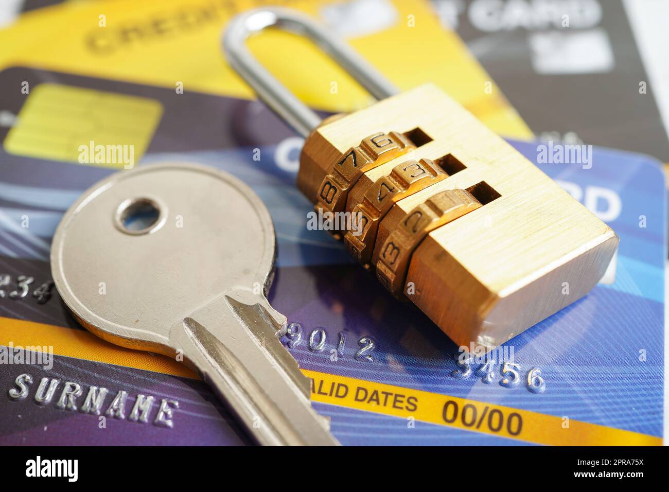 Credit card with password key lock, security finance business concept. Stock Photo