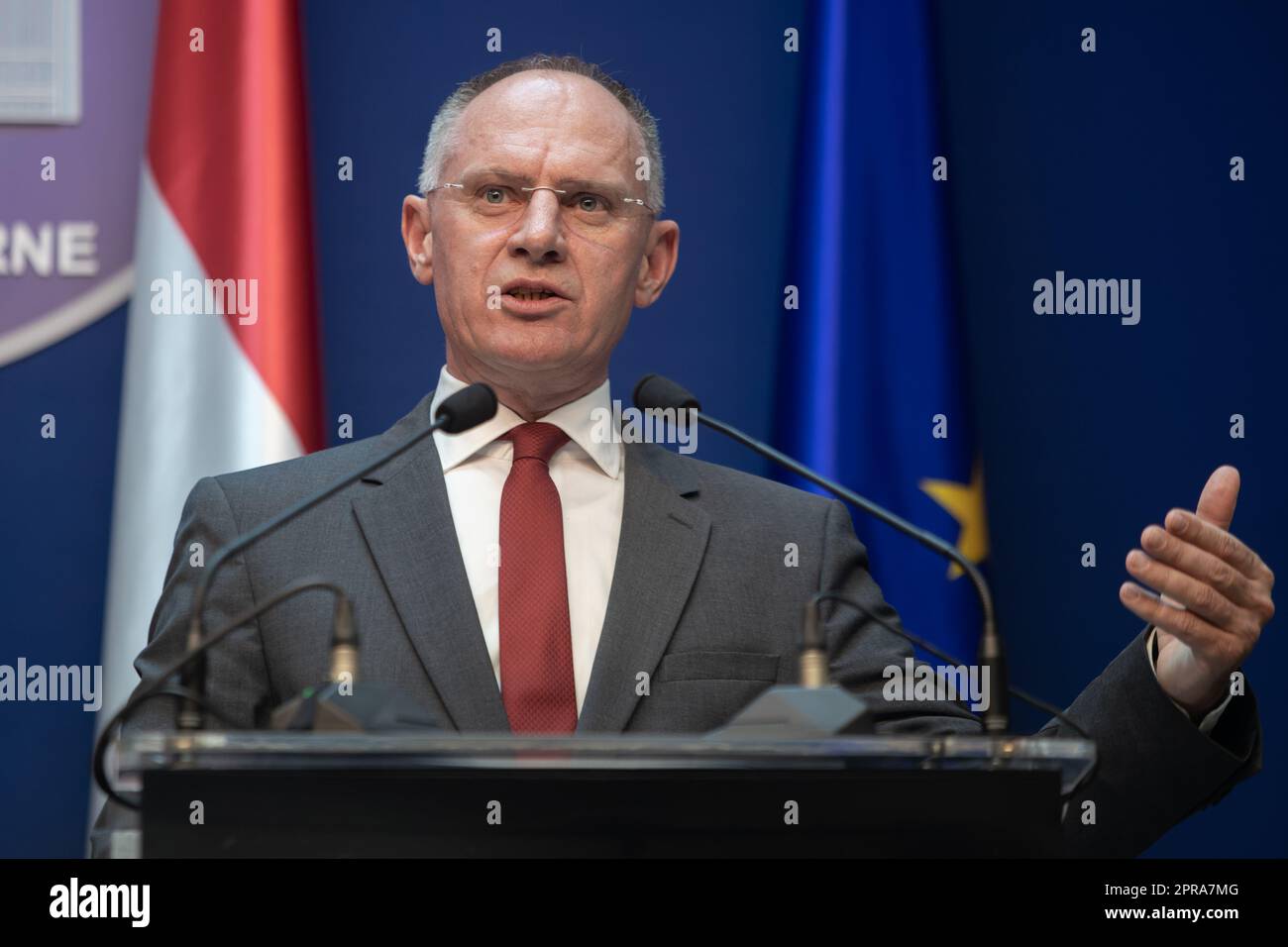 Bucharest, Romania. 26th Apr, 2023: Gerhard Karner, Austrian Minister of the Interior, give a speech during the joint statements with Lucian Bode (not in picture), Romanian Minister of the Interior, after their meeting in which they also discussed the unblocking of Romania's accession process to the Schengen area, but without concluding that this is going to happen soon. Credit: Lucian Alecu/Alamy Live News Stock Photo