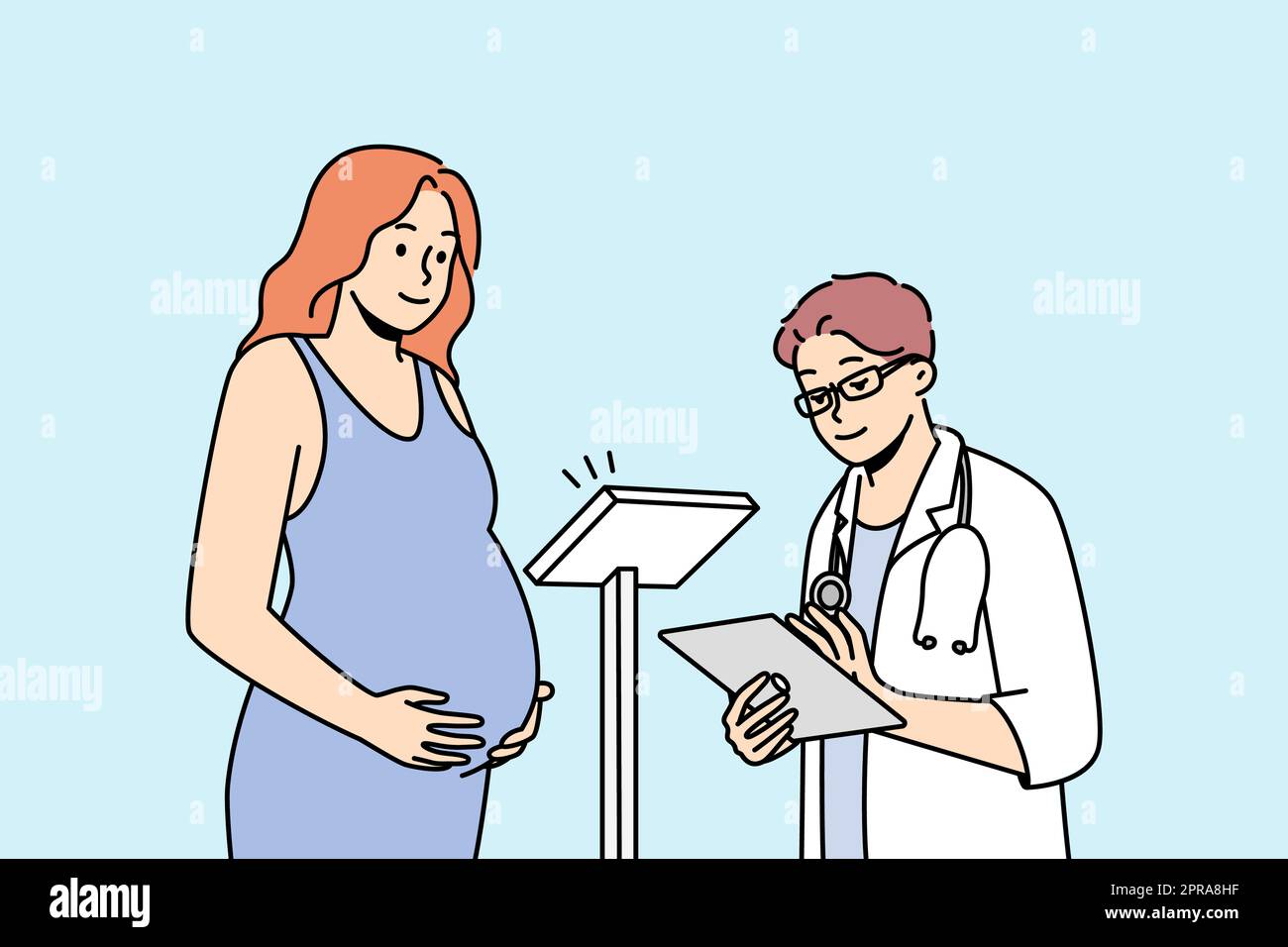 Doctor checking pregnant woman in hospital. Male GP weigh female with