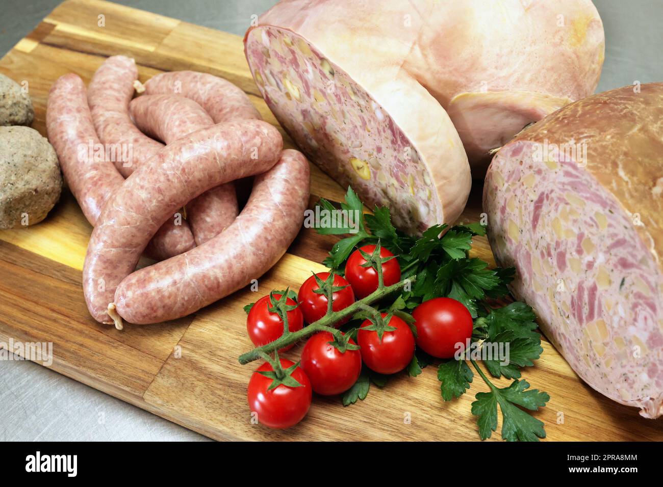 Palatinate specialities, stuffed pig stomach, fried sausages Stock