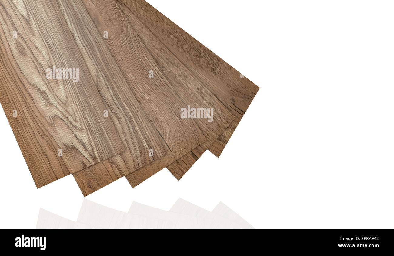 Vinyl tiles sample for interior designer. Wood pattern vinyl tile. Vinyl flooring material isolated on white background. Polymer vinyl sheet set for new home floor. PVC material. Plastic tile set. Stock Photo