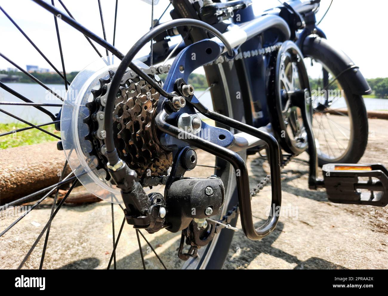 Bicycle gear wheels in close up with mechanic gears cassette and chain at the rear wheel of folding bike Stock Photo