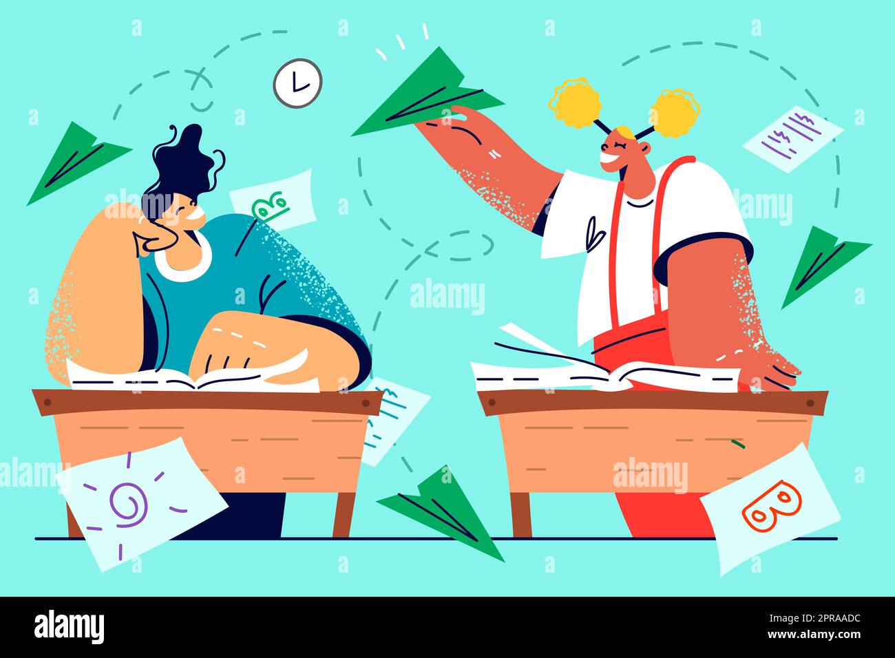 Happy children have fun throwing paper planes in classroom. Smiling kids engaged in funny game