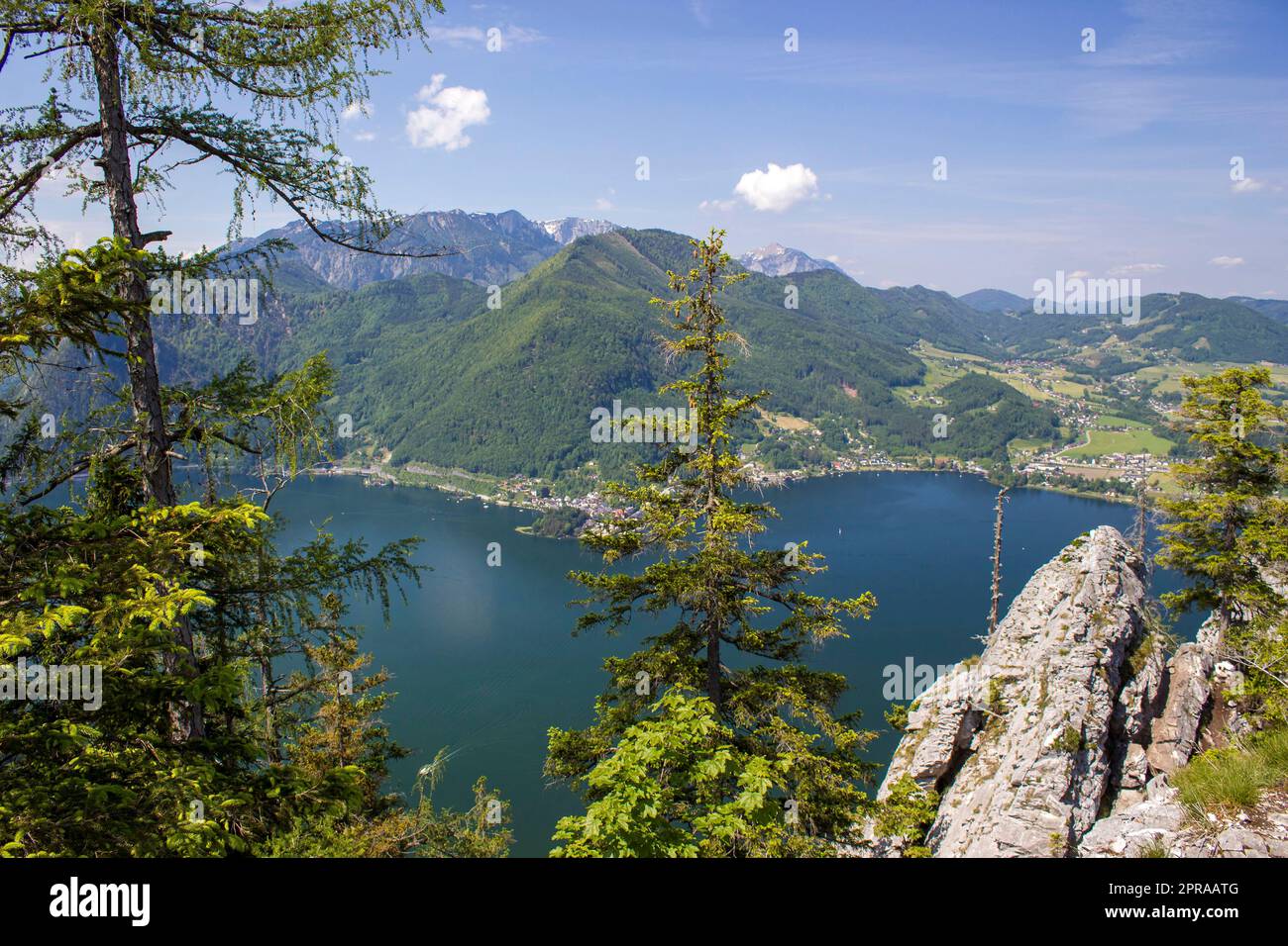 Traunsee lake with Alps seen from hill Kleiner Schonberg. Austria landscape. Austria Stock Photo