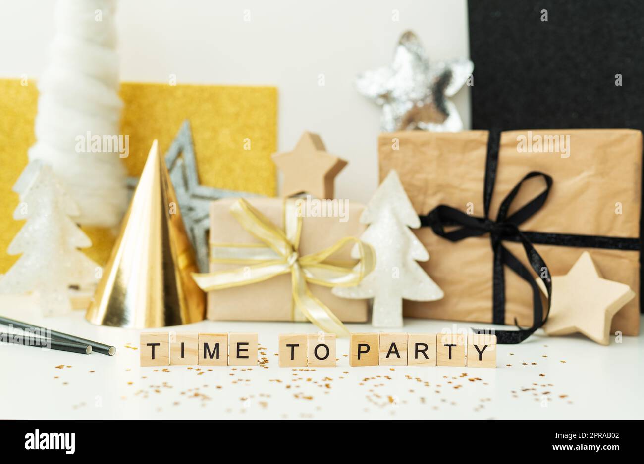 Christmas party time confetti, gifts, tree, stars, glitter, ribbon