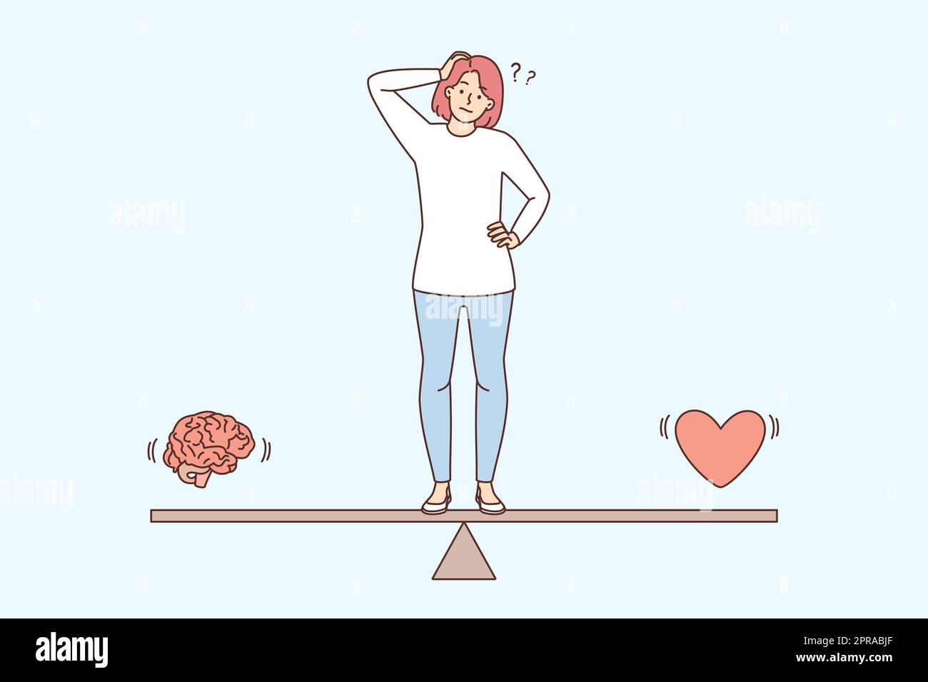 Confused woman standing on scales thinking between brain and heart. Frustrated girl make decision among reason and emotion. Feelings and logic. Vector Stock Photo