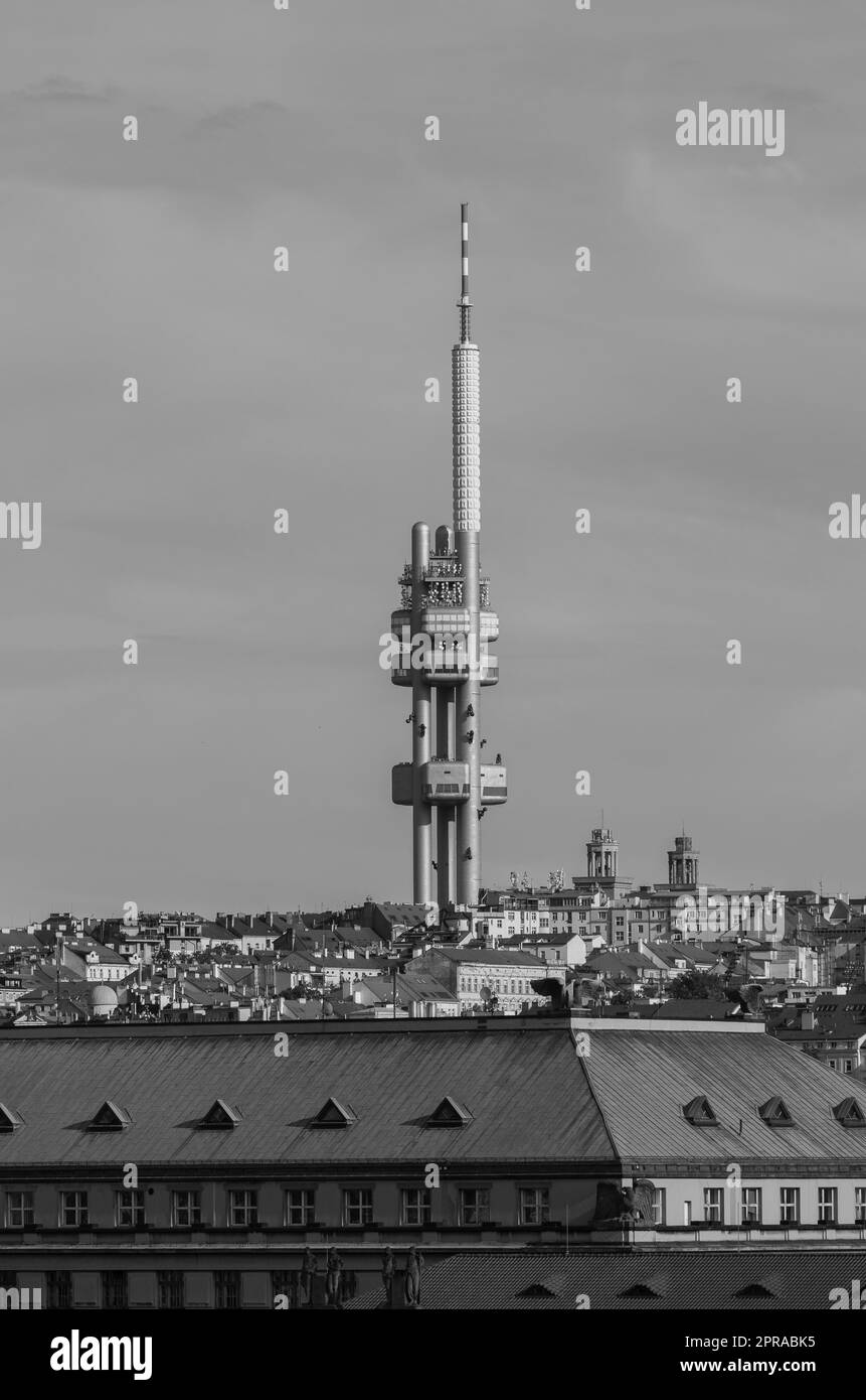 PRAGUE, CZECH REPUBLIC, EUROPE - Zizkov Television Tower, a 216m transmitter tower, and cityscape. Stock Photo
