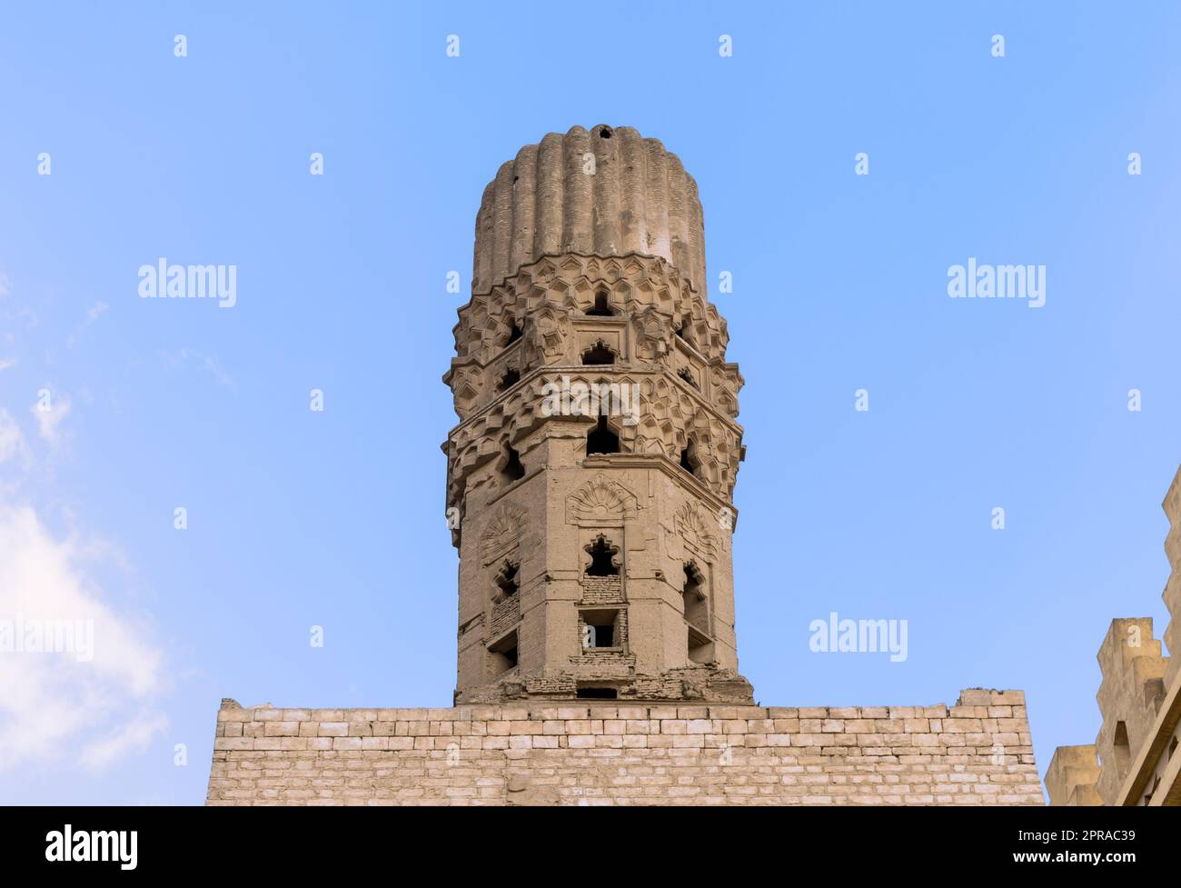 Minaret of public historic Al Hakim Mosque - The Enlightened Mosque, Moez Street, Cairo, Egypt Stock Photo