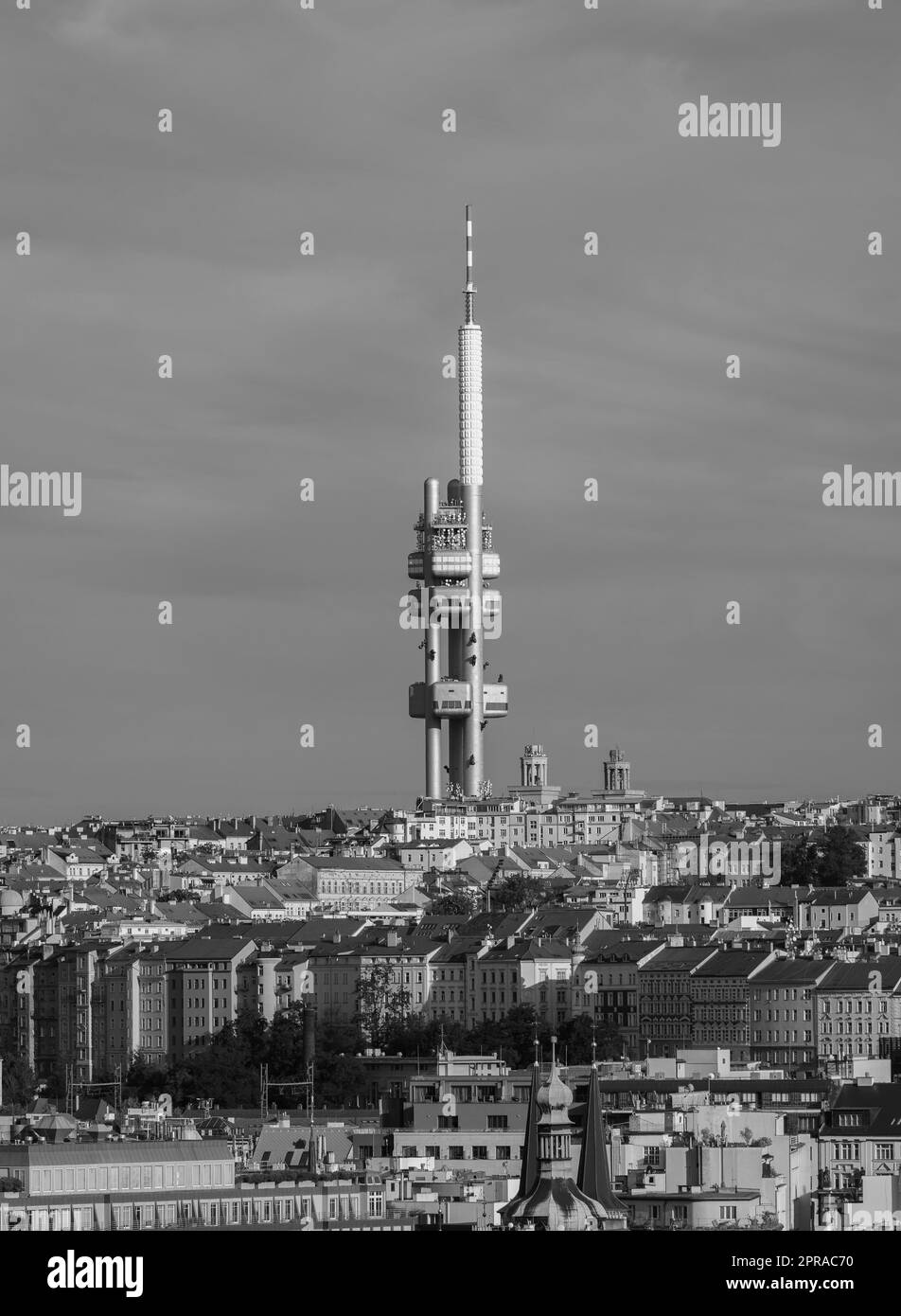 PRAGUE, CZECH REPUBLIC, EUROPE - Zizkov Television Tower, a 216m transmitter tower, and cityscape. Stock Photo