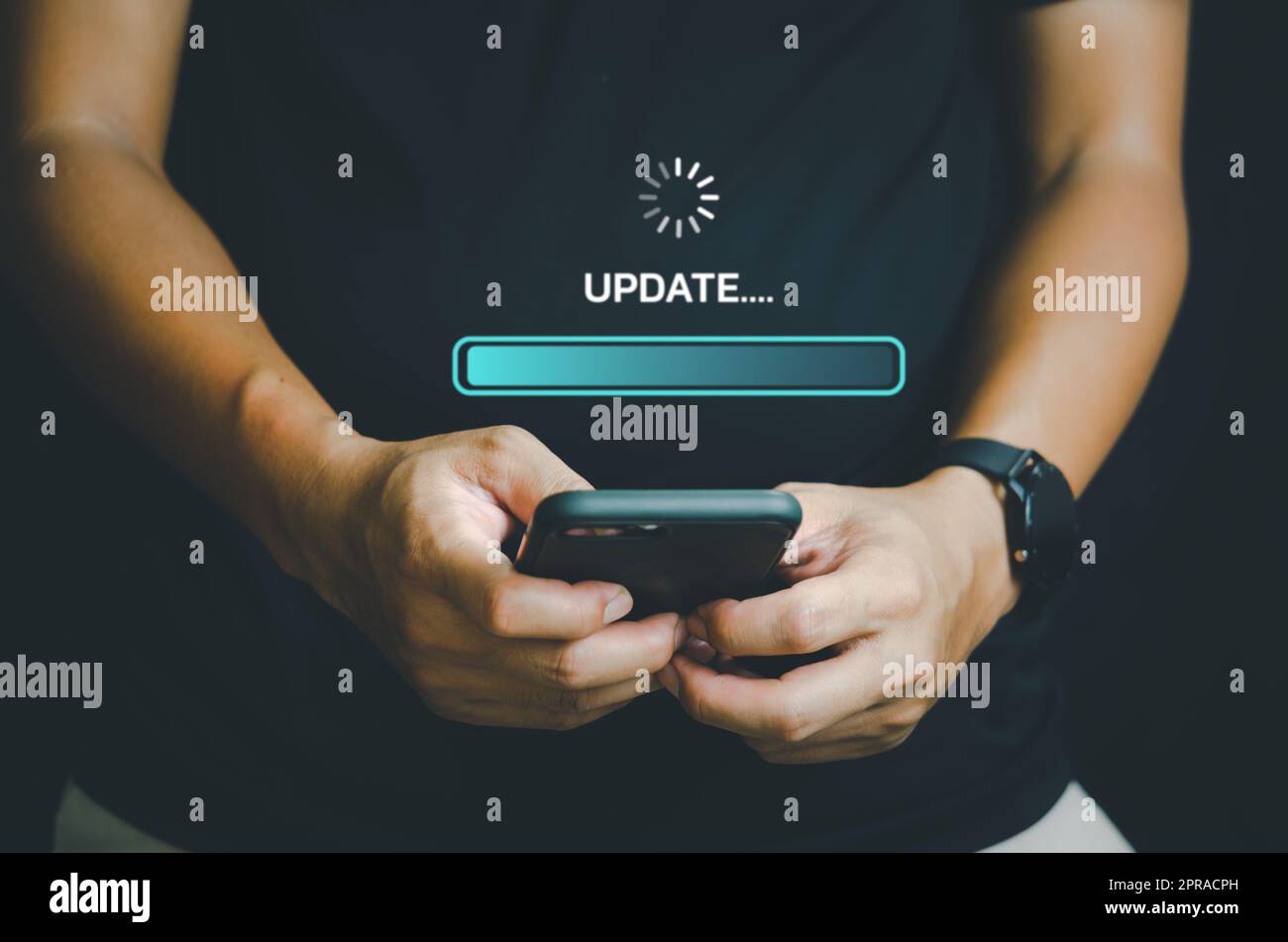 Hand holding mobile smartphone digital technology communication online update software system application virtual screen concept. Stock Photo