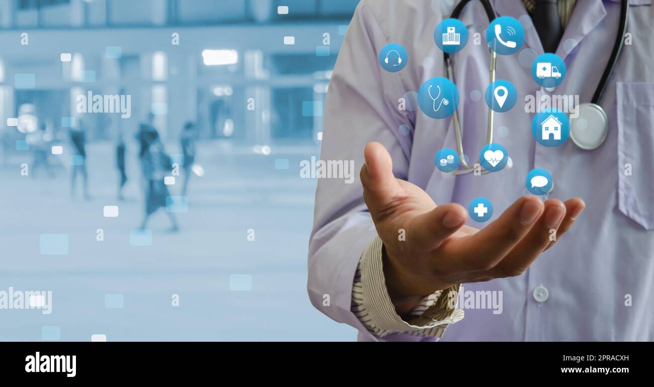 Doctor hand icon virtual screen interface technology health care panorama background. Stock Photo
