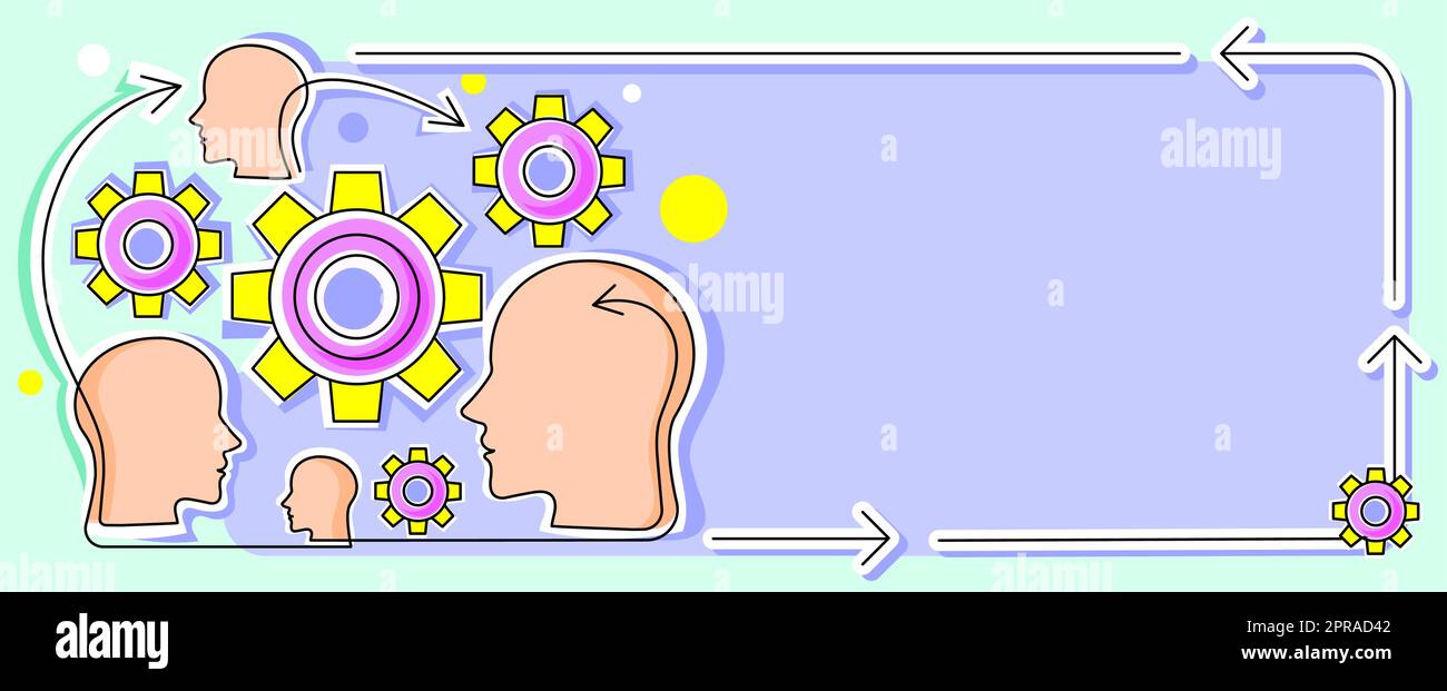 Multiple Heads With Cogs Showing Technology Ideas. Gears In Brain Symbols Design Displaying Mechanical And Technical Idea. Stock Vector