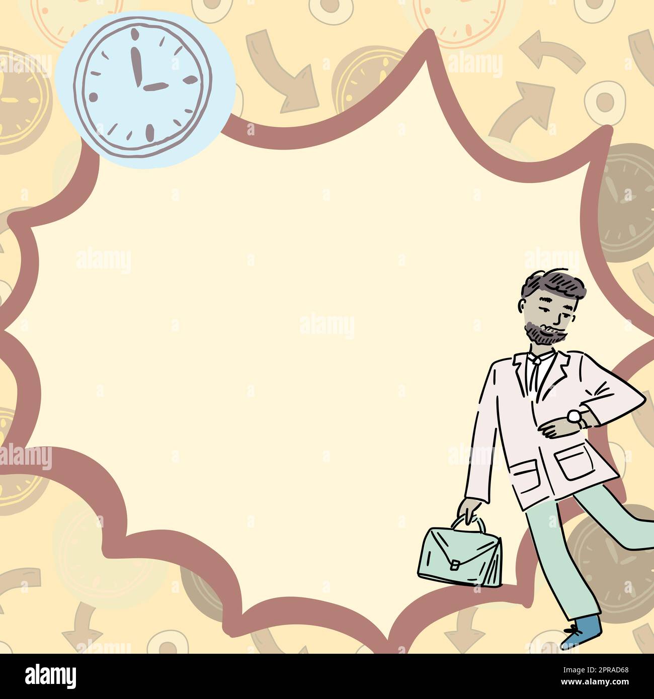 Professor With Briefcase Watching Watches To Check Time With Wall Mount Clock. Business Man Being Late Checking Time On Hand Watch. Space For Text Background Stock Photo