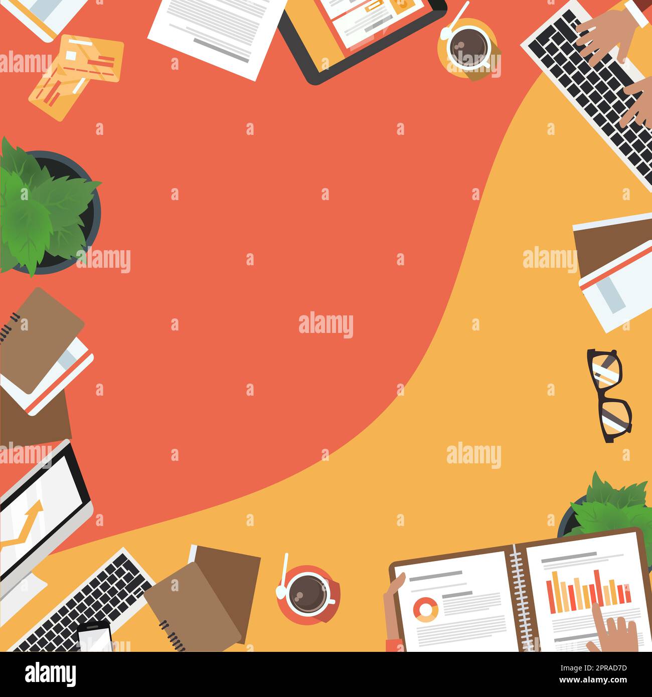 Flat View Work Table With Colagues Preparing Reports And Plans