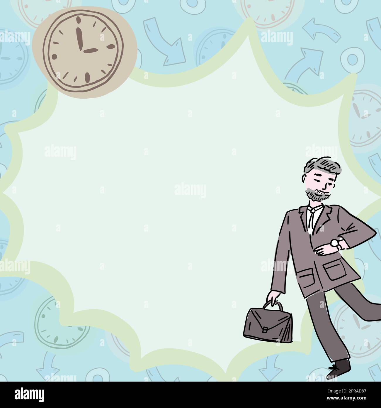 Professor With Briefcase Watching Watches To Check Time With Wall Mount Clock. Business Man Being Late Checking Time On Hand Watch. Space For Text Background Stock Photo