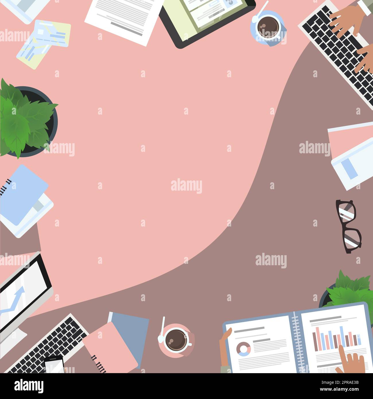 Flat View Work Table With Colagues Preparing Reports And Plans