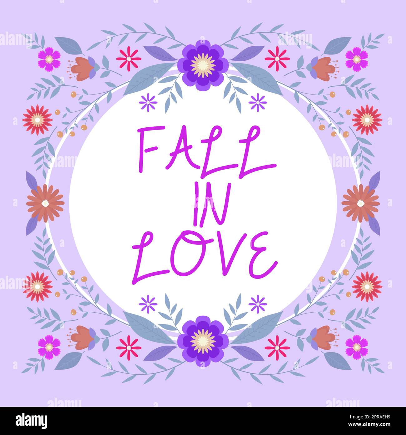 Handwriting text Fall In Love. Conceptual photo Feeling loving emotions about someone else Romance Happiness Blank Frame Decorated With Abstract Modernized Forms Flowers And Foliage. Stock Photo
