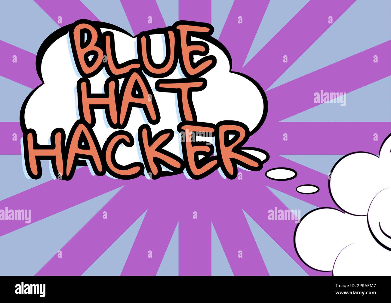 Conceptual caption Blue Hat Hacker. Business concept Person consulting firms who bug system prior to its launch Cloud Thought Bubble With Template For Web Banners And Advertising. Stock Photo