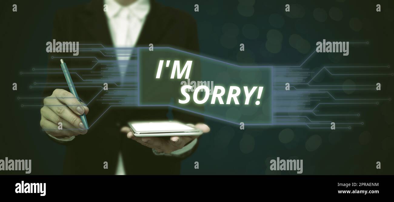 Hand writing sign I Am Sorry. Business concept Toask for forgiveness to someone you unintensionaly hurt Lady in suit holding pen symbolizing successful teamwork accomplishments. Stock Photo