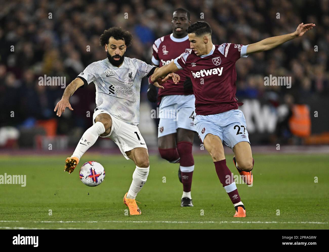 London, UK. 26th Apr, 2023. Mohamed Salah (Liverpool) and Nayef Aguerd