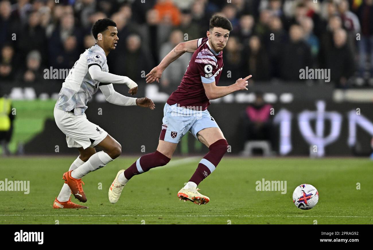 London, UK. 26th Apr, 2023. Declan Rice (West Ham) and Cody Gakpo (Liverpool) during the West Ham vs Liverpool Premier League match at the London Stadium, Stratford. Credit: MARTIN DALTON/Alamy Live News Stock Photo