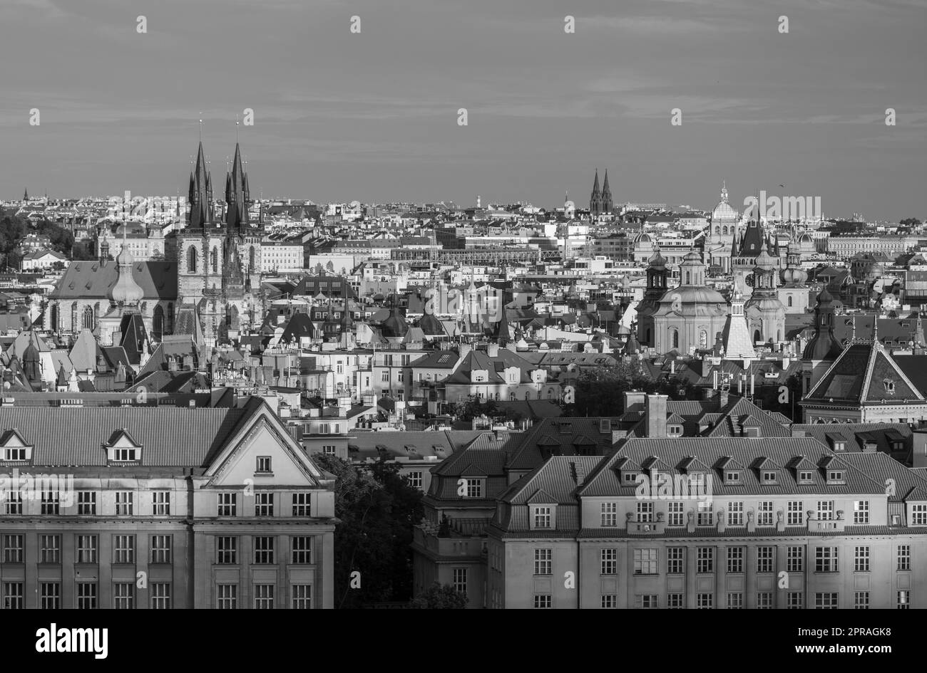 PRAGUE, CZECH REPUBLIC - Skyline of Prague with spires of Tyn Church, center left. Stock Photo