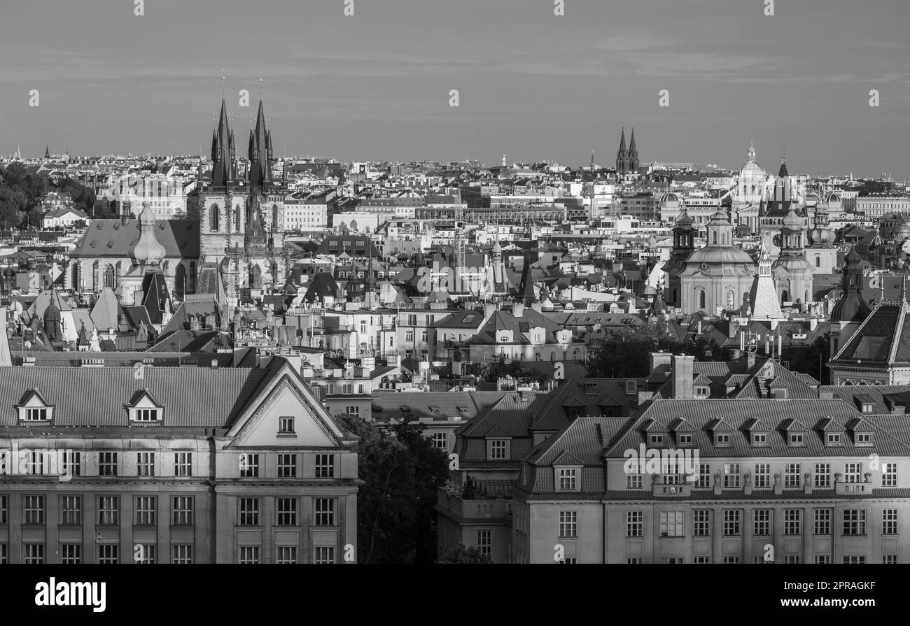 PRAGUE, CZECH REPUBLIC - Skyline of Prague with spires of Tyn Church, center left. Stock Photo