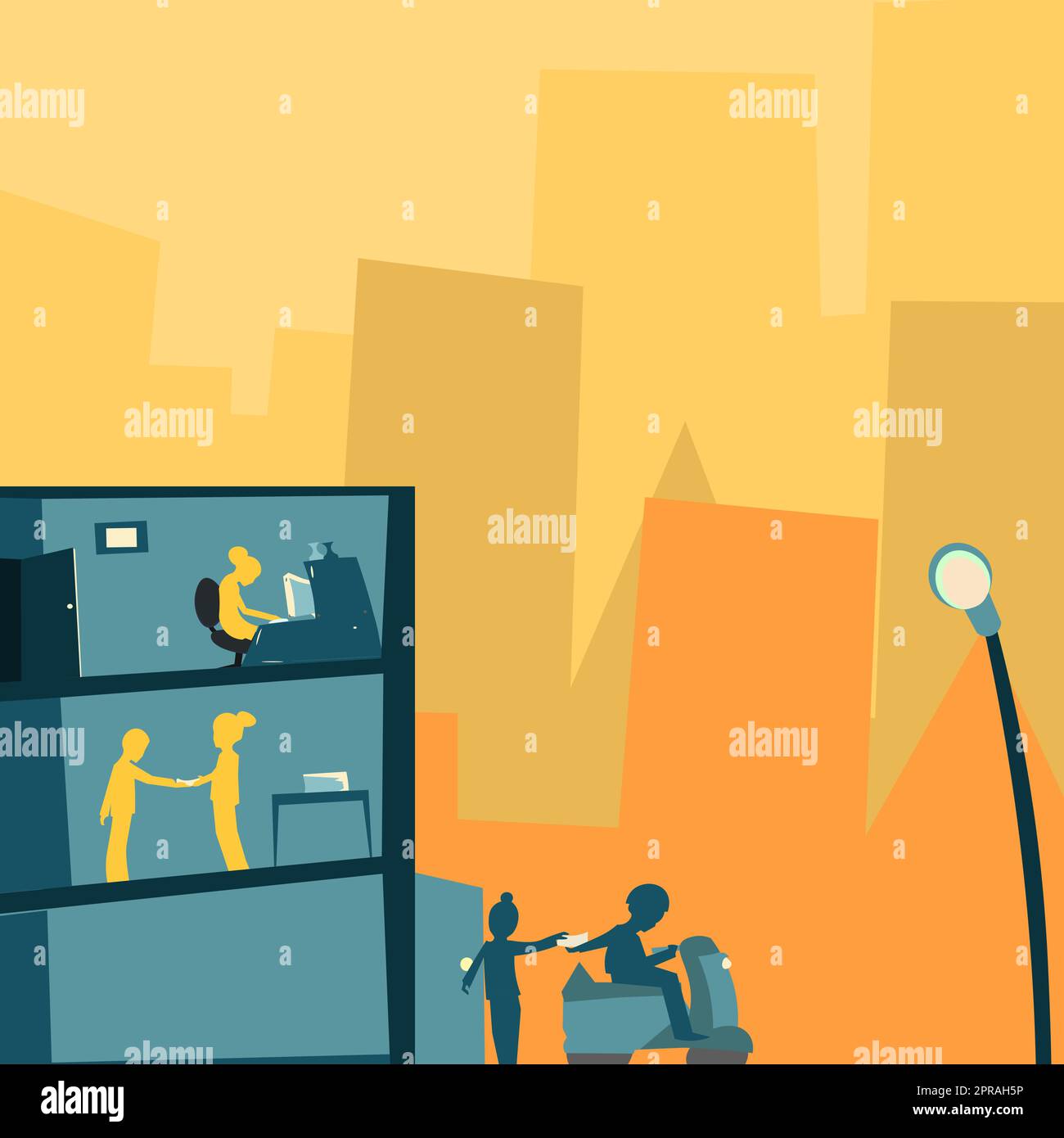Office Building With Skyscrapers Drawing Showing City Skyline. Different High-Rise Buildings Showing Cityscape Horizon.Towering Architectures Spread Across The Town. Stock Vector