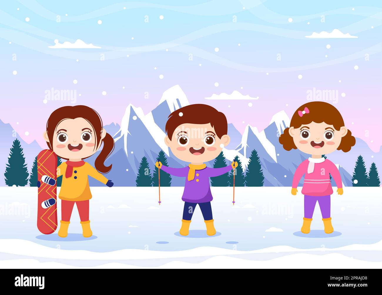 Snowboarding Hand Drawn Cartoon Flat Illustration of Kids in Winter Outfit Sliding and Jumping with Snowboards at Snowy Mountain Sides or Slopes Stock Photo