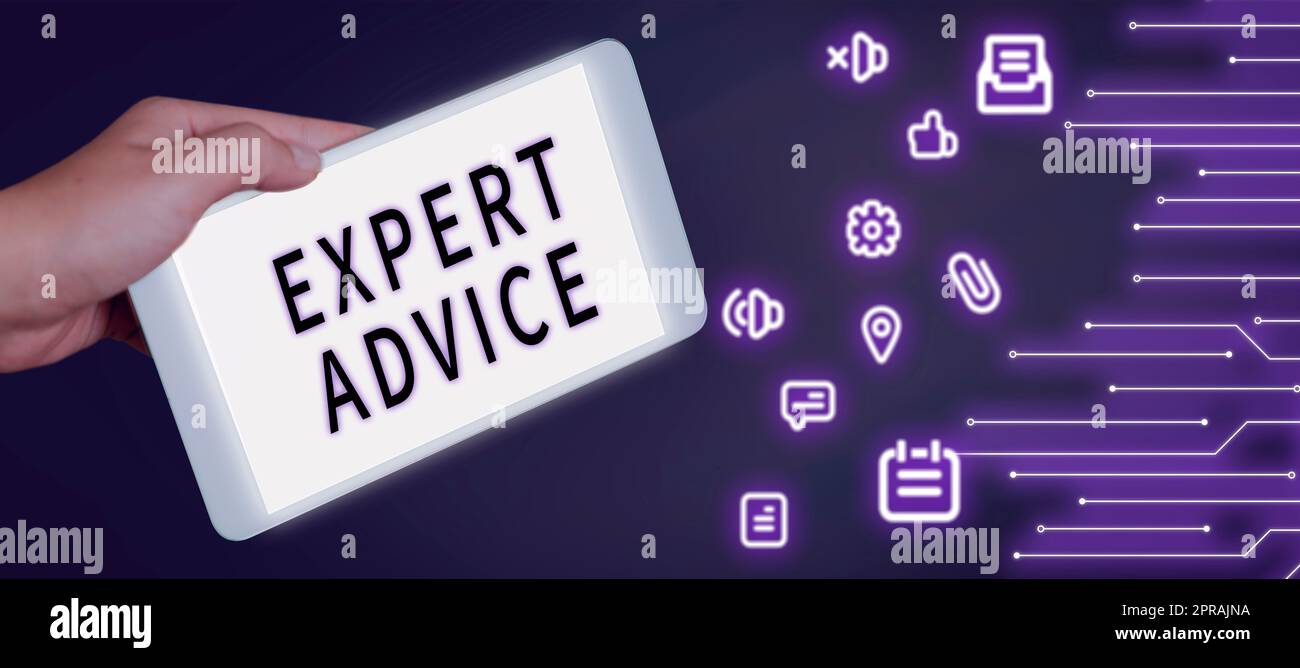 Writing displaying text Expert Advice. Word for Sage Good Word Professional opinion Extensive skill Ace Man Holding Tablet With Important Message On It With Different S Around Stock Photo
