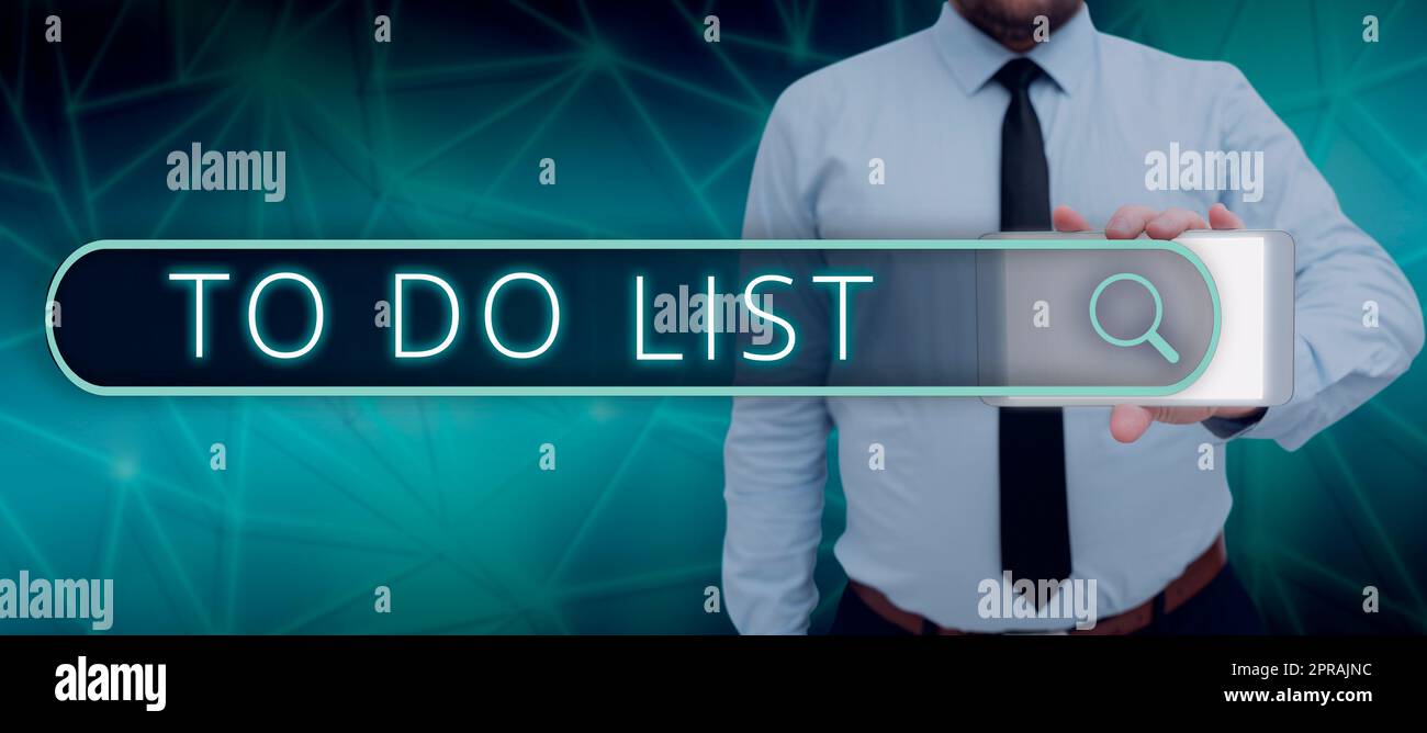 Text sign showing To Do List. Word Written on A structure that usually made in paper containing task of yours Man With Cellphone Presenting Digital Search Bar And New Information. Stock Photo