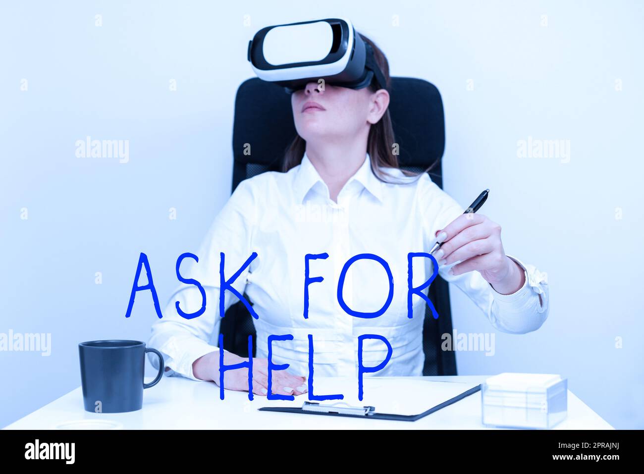 Text caption presenting Ask For Help. Conceptual photo Request to support assistance needed Professional advice Woman Wearing Goggles And Learning Skill With Virtual Reality Simulator. Stock Photo
