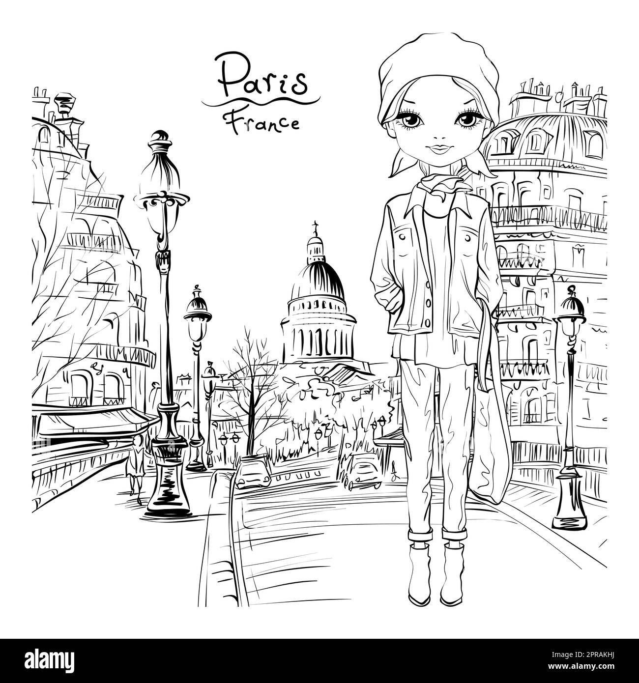 Vector cute girl in autumn clothes, headscarf and boots, jacket and ...