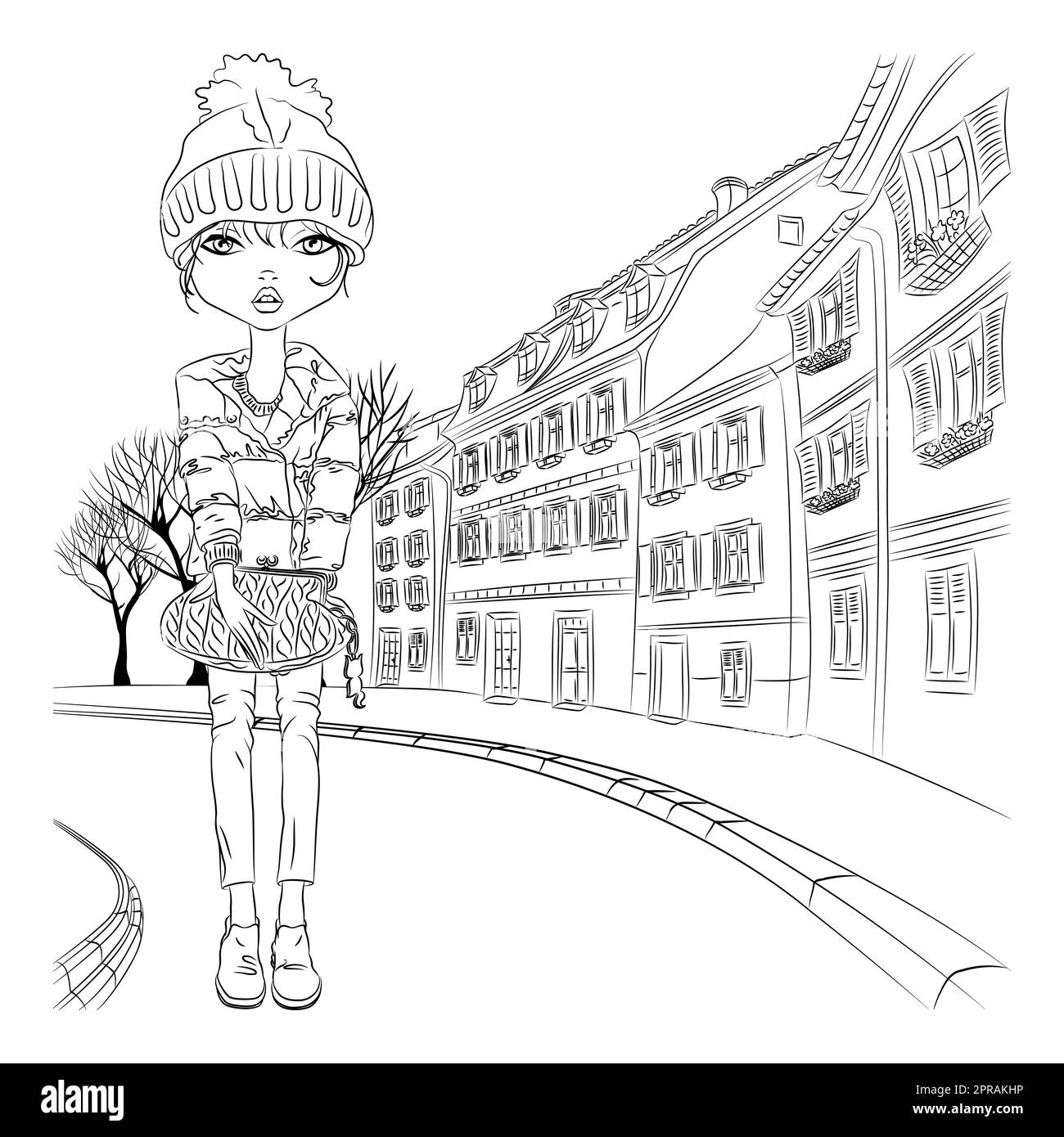 Vector cute girl in autumn clothes, headscarf and boots, jacket and ...
