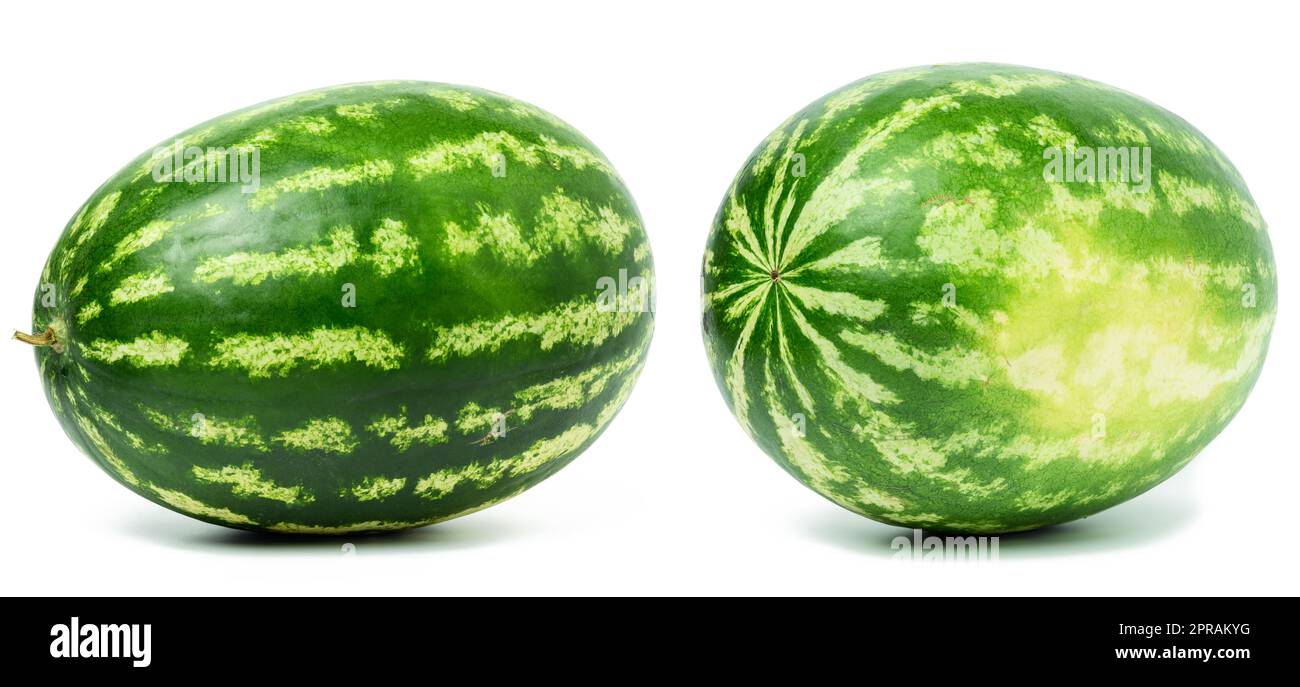 Whole ripe round striped watermelon isolated on white background Stock Photo