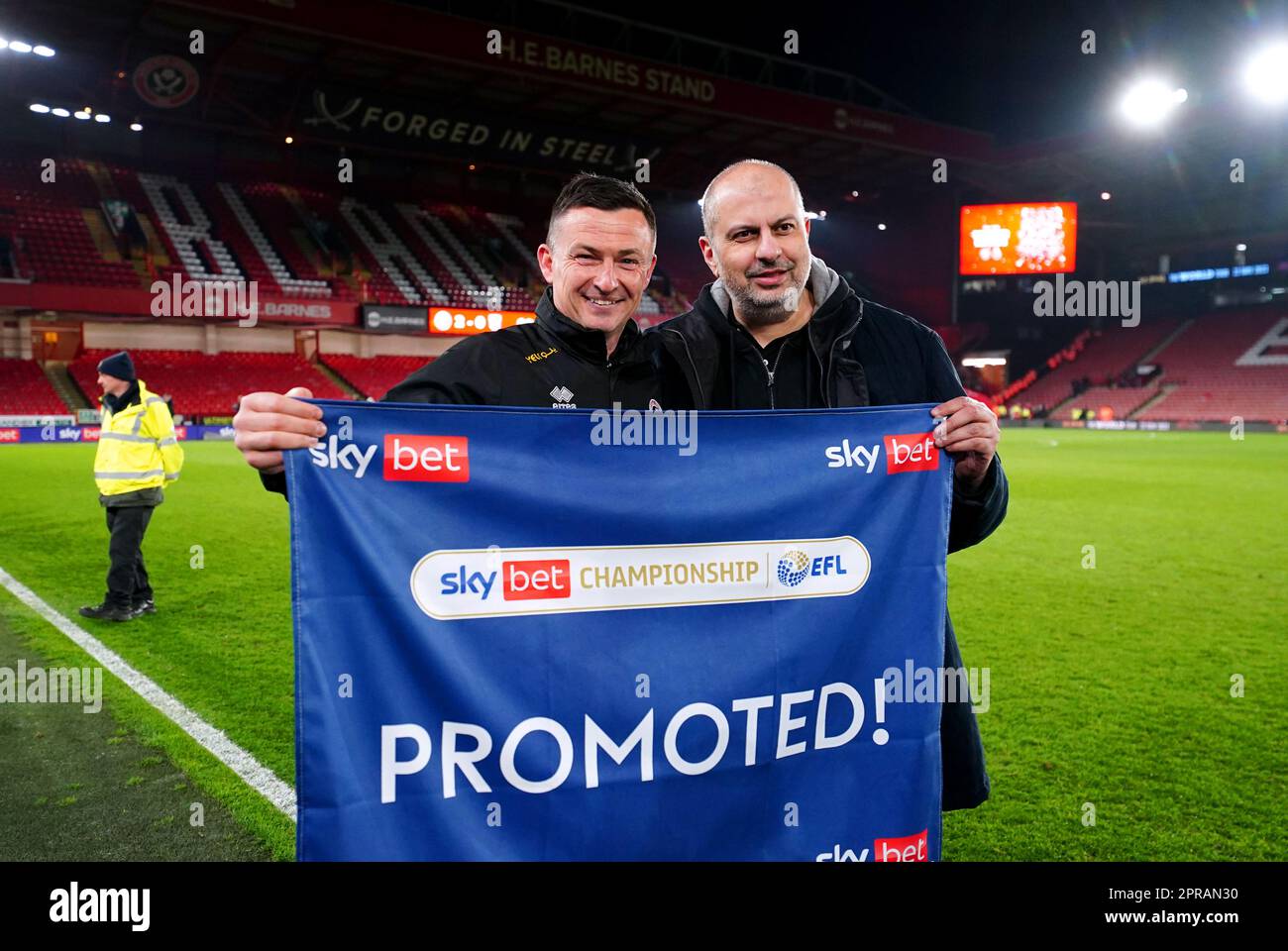 Sheffield United manager Paul Heckingbottom and Sheffield United majority owner HRH Prince Abdullah Bin Mosaad Bin Abdulaziz Al-Saud celebrate promotion to the Premier League after winning their the Sky Bet Championship match at Bramall Lane, Sheffield. Picture date: Wednesday April 26, 2023. Stock Photo